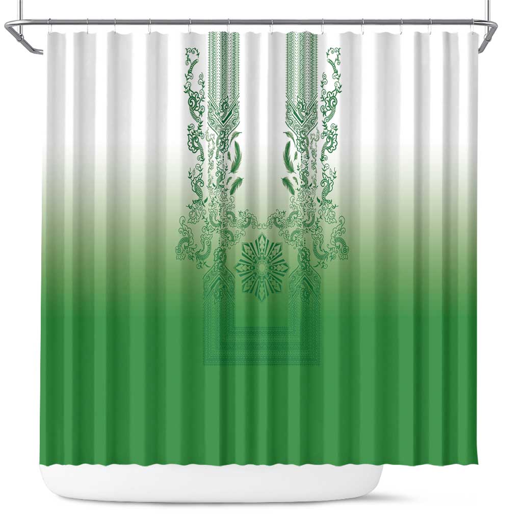 Philippines Barong Style Shower Curtain with Polynesian Art and Leaf Motif Green Color
