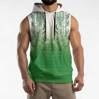 Philippines Barong Style Sleeveless Hoodie with Polynesian Art and Leaf Motif Green Color