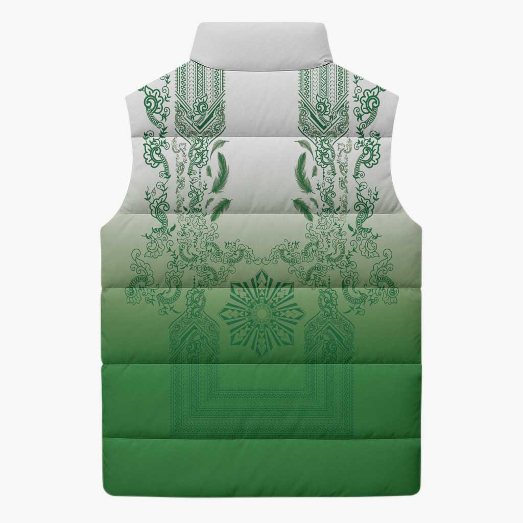 Philippines Barong Style Sleeveless Puffer Jacket with Polynesian Art and Leaf Motif Green Color