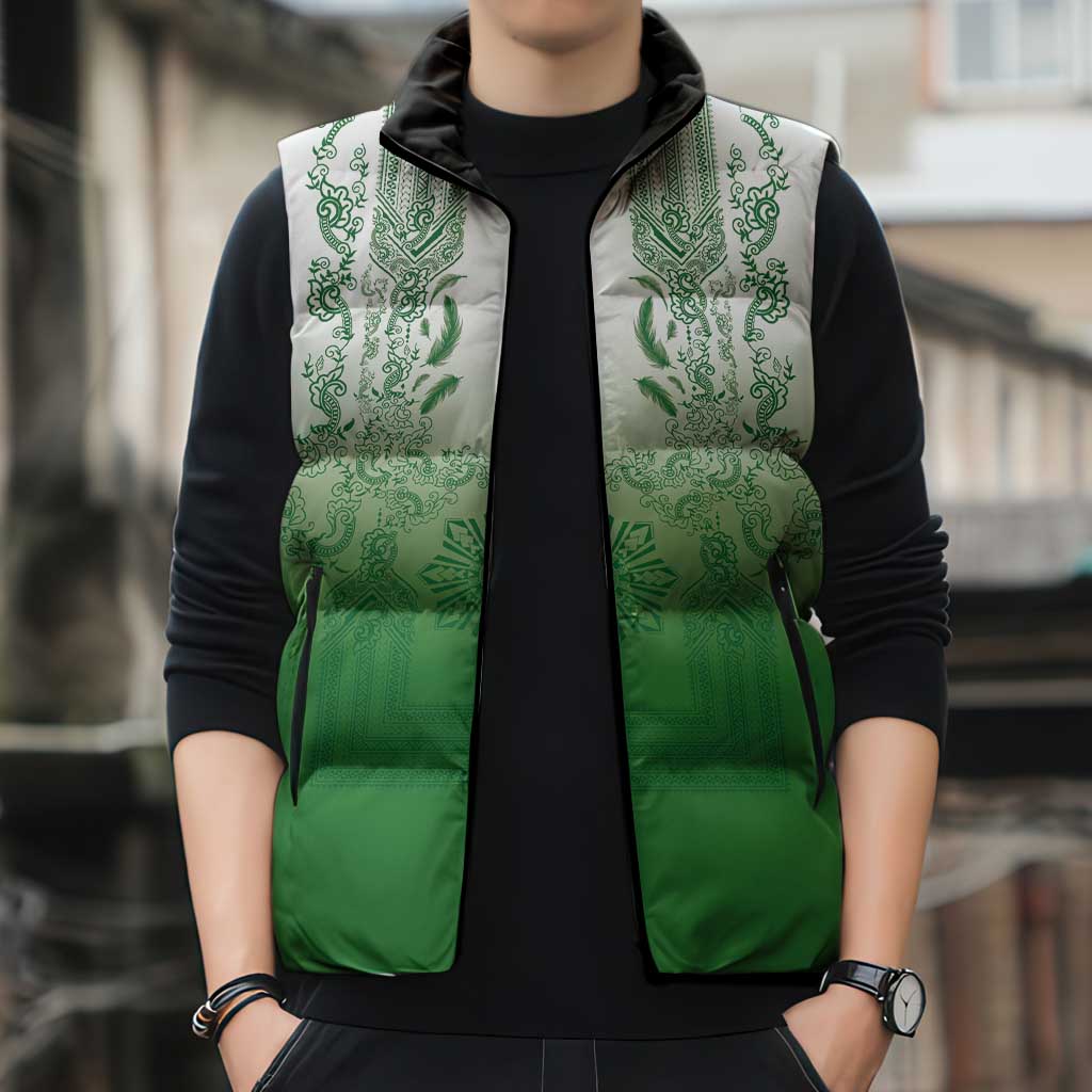 Philippines Barong Style Sleeveless Puffer Jacket with Polynesian Art and Leaf Motif Green Color