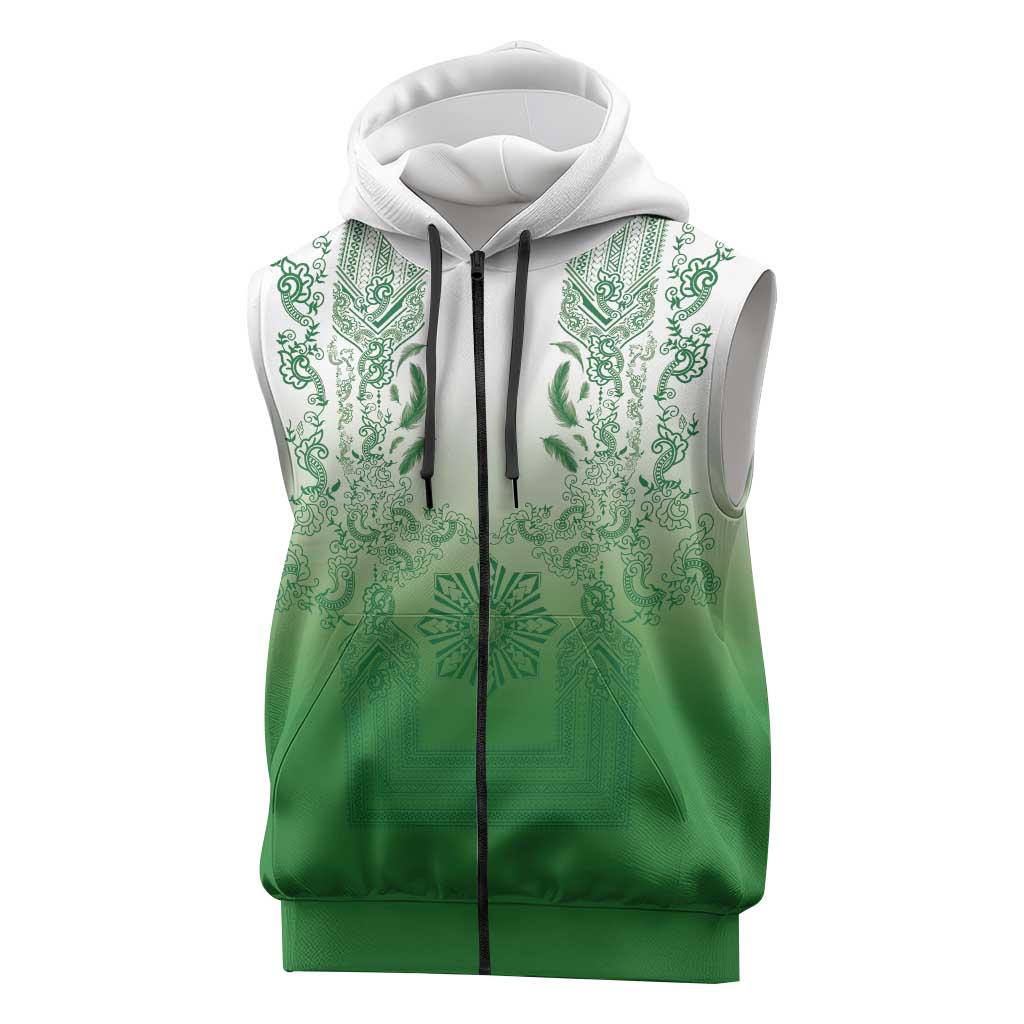 Philippines Barong Style Sleeveless Zip Hoodie with Polynesian Art and Leaf Motif Green Color LT03 Green - Polynesian Pride