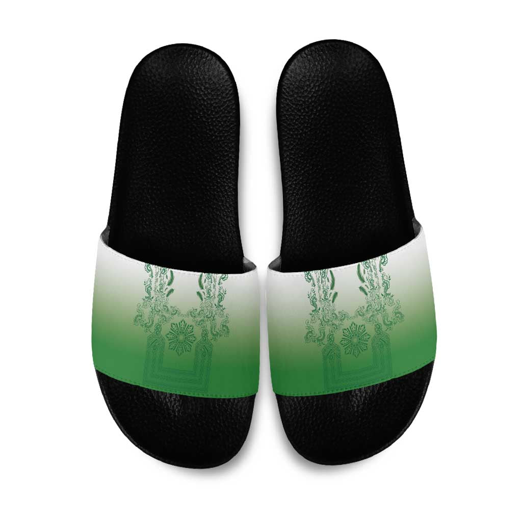 Philippines Barong Style Slide Sandals with Polynesian Art and Leaf Motif Green Color