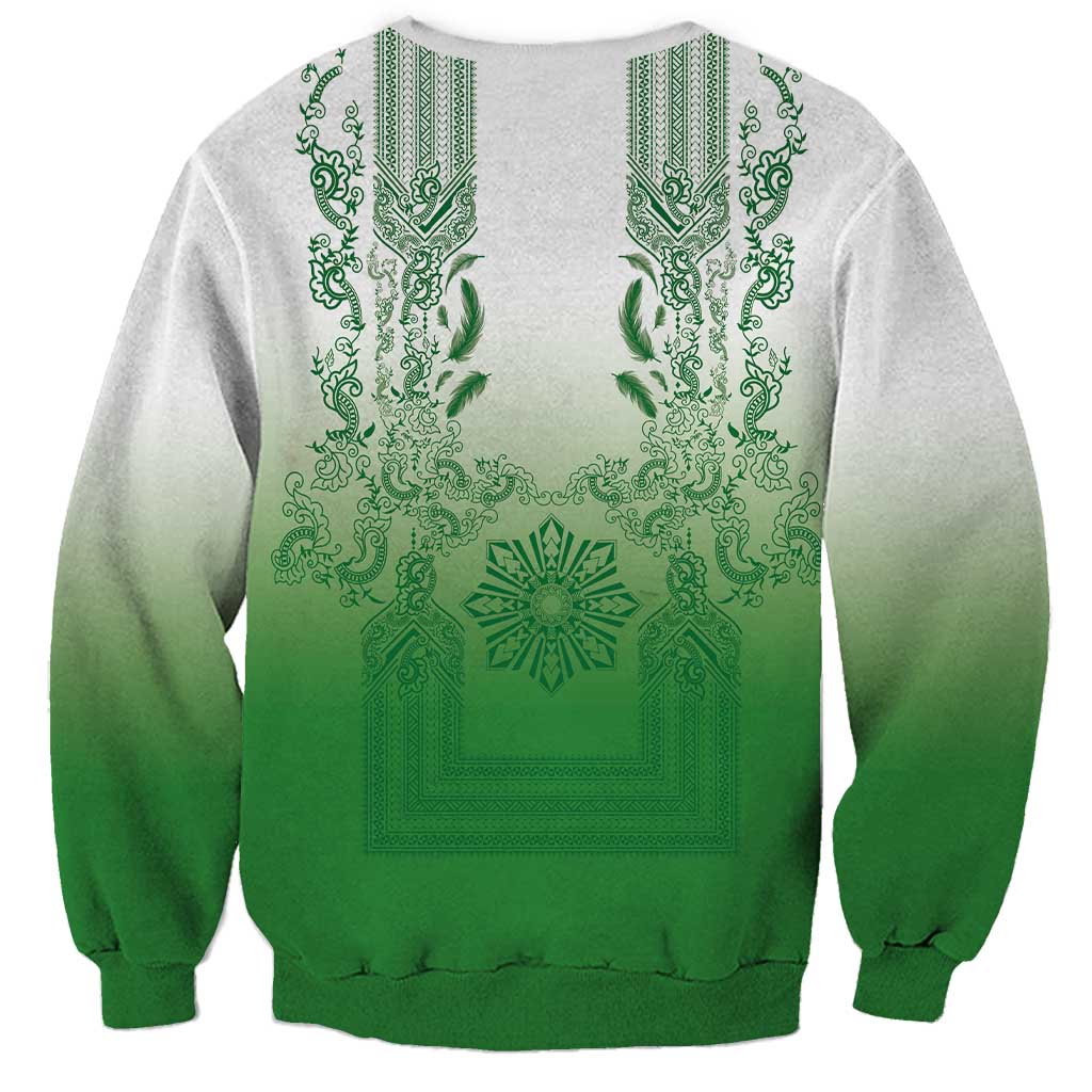 Philippines Barong Style Sweatshirt with Polynesian Art and Leaf Motif Green Color