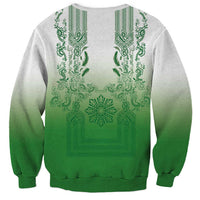 Philippines Barong Style Sweatshirt with Polynesian Art and Leaf Motif Green Color