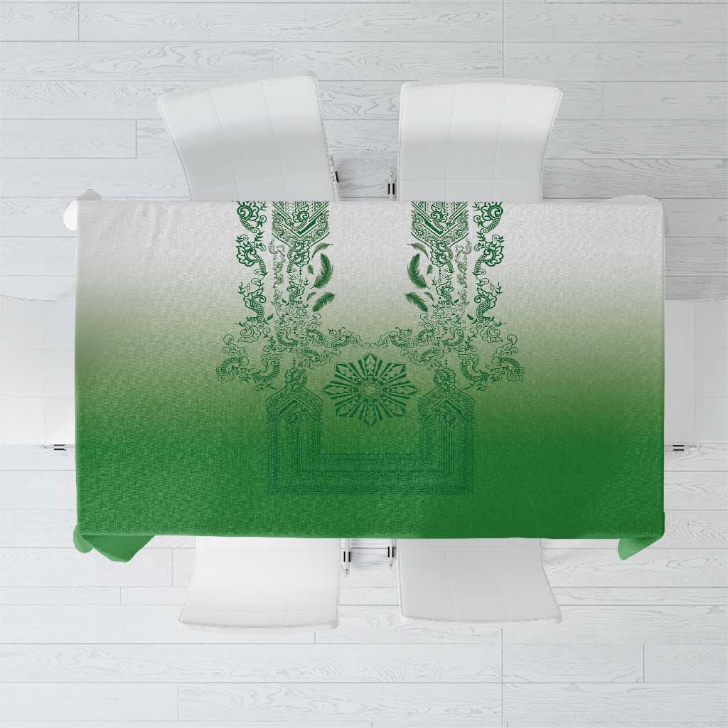 Philippines Barong Style Tablecloth with Polynesian Art and Leaf Motif Green Color