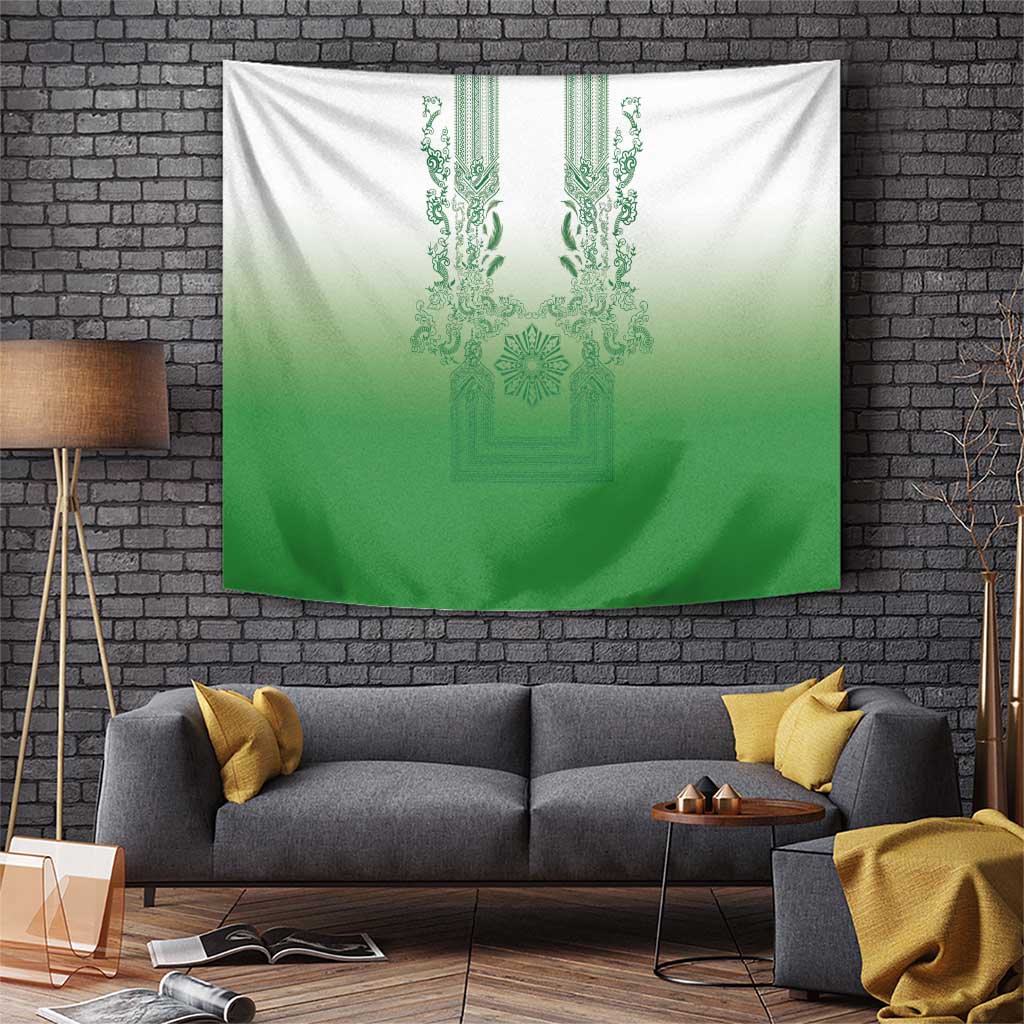 Philippines Barong Style Tapestry with Polynesian Art and Leaf Motif Green Color