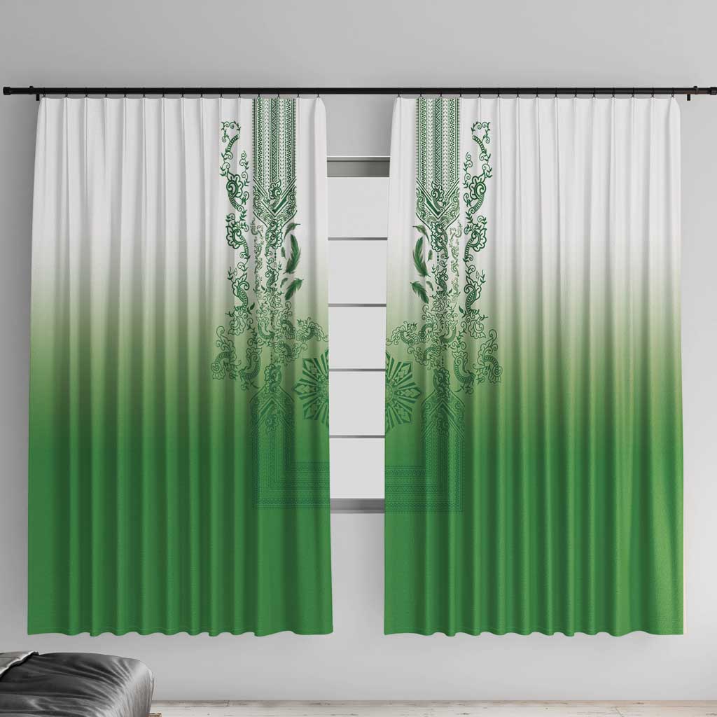 Philippines Barong Style Window Curtain with Polynesian Art and Leaf Motif Green Color