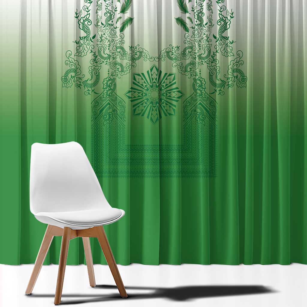 Philippines Barong Style Window Curtain with Polynesian Art and Leaf Motif Green Color
