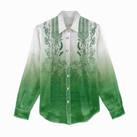 Philippines Barong Style Women Casual Shirt with Polynesian Art and Leaf Motif Green Color LT03 - Polynesian Pride