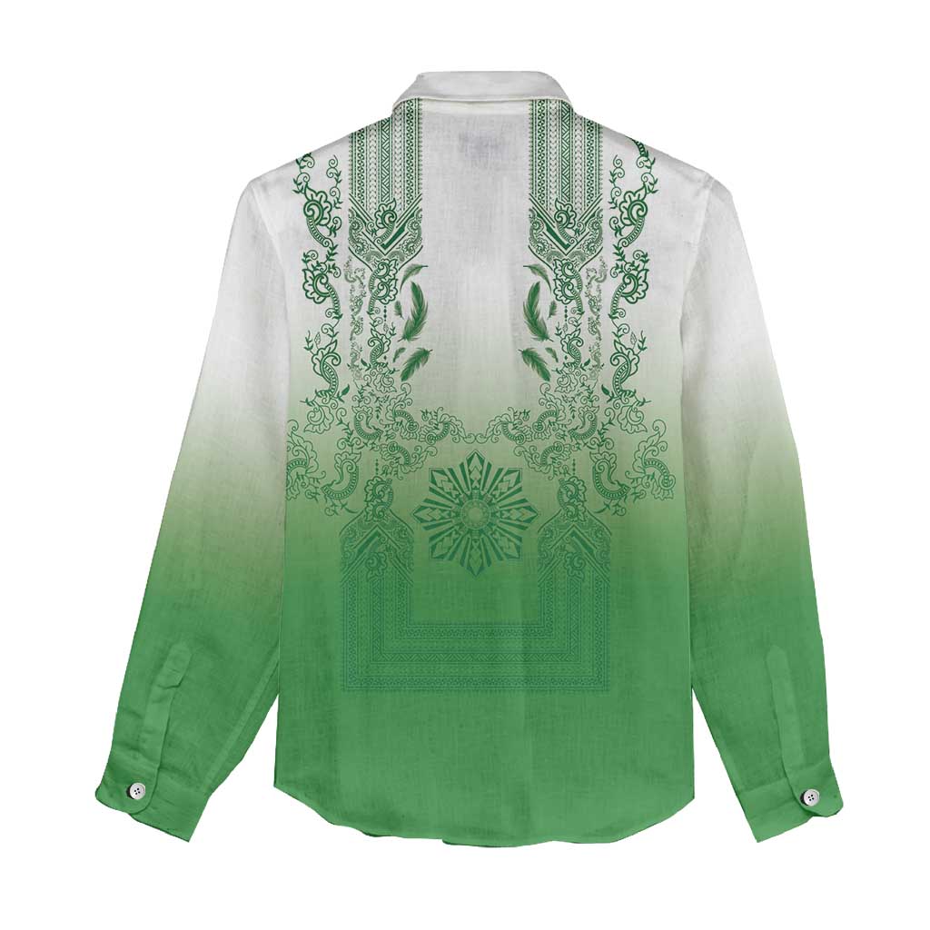 Philippines Barong Style Women Casual Shirt with Polynesian Art and Leaf Motif Green Color LT03 - Polynesian Pride