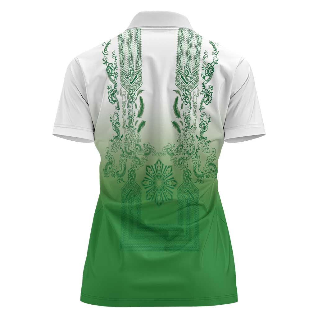 Philippines Barong Style Women Polo Shirt with Polynesian Art and Leaf Motif Green Color LT03 - Polynesian Pride