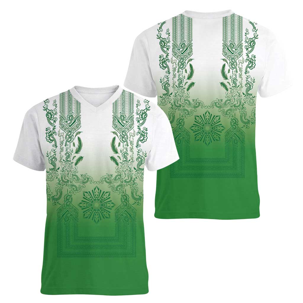 Philippines Barong Style Women V-Neck T-Shirt with Polynesian Art and Leaf Motif Green Color LT03 - Polynesian Pride