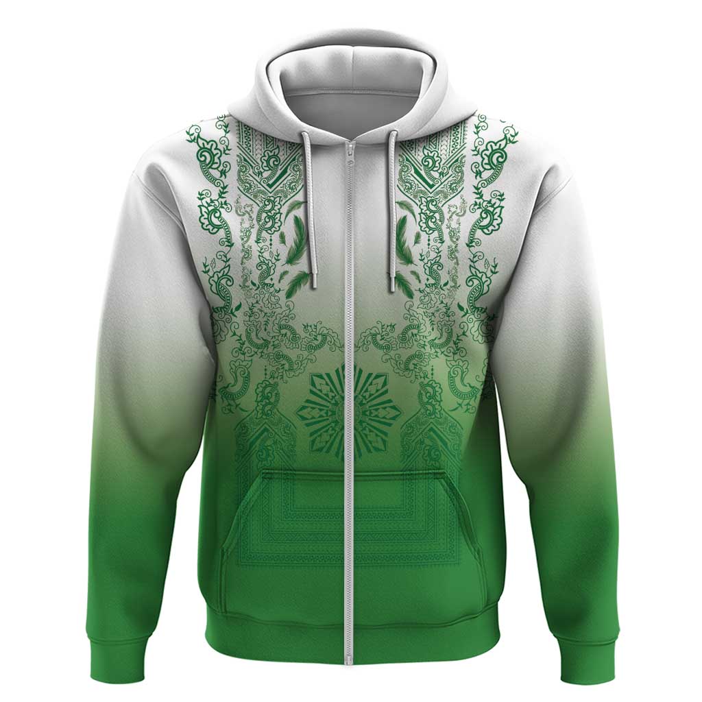 Philippines Barong Style Zip Hoodie with Polynesian Art and Leaf Motif Green Color