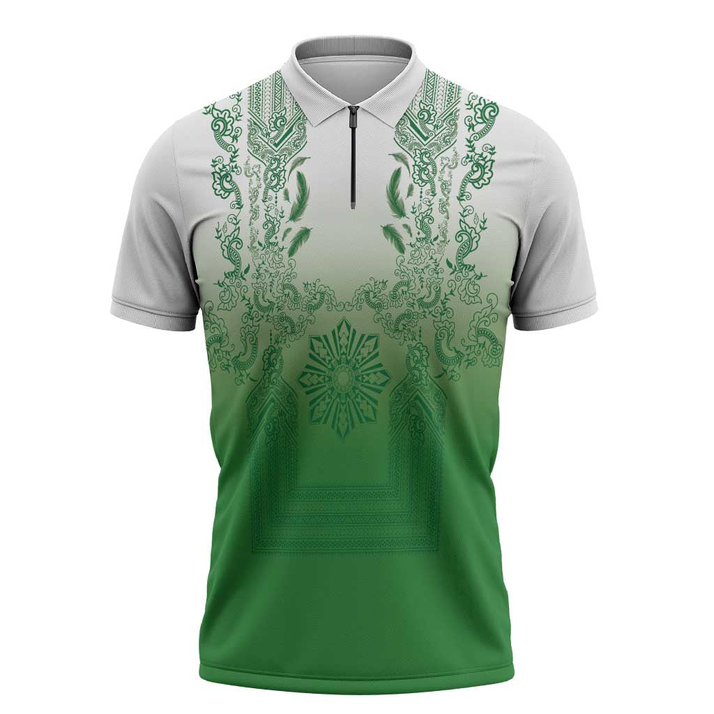 Philippines Barong Style Zipper Polo Shirt with Polynesian Art and Leaf Motif Green Color LT03 Green - Polynesian Pride