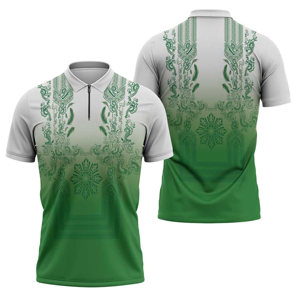 Philippines Barong Style Zipper Polo Shirt with Polynesian Art and Leaf Motif Green Color LT03 - Polynesian Pride