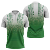 Philippines Barong Style Zipper Polo Shirt with Polynesian Art and Leaf Motif Green Color LT03 - Polynesian Pride