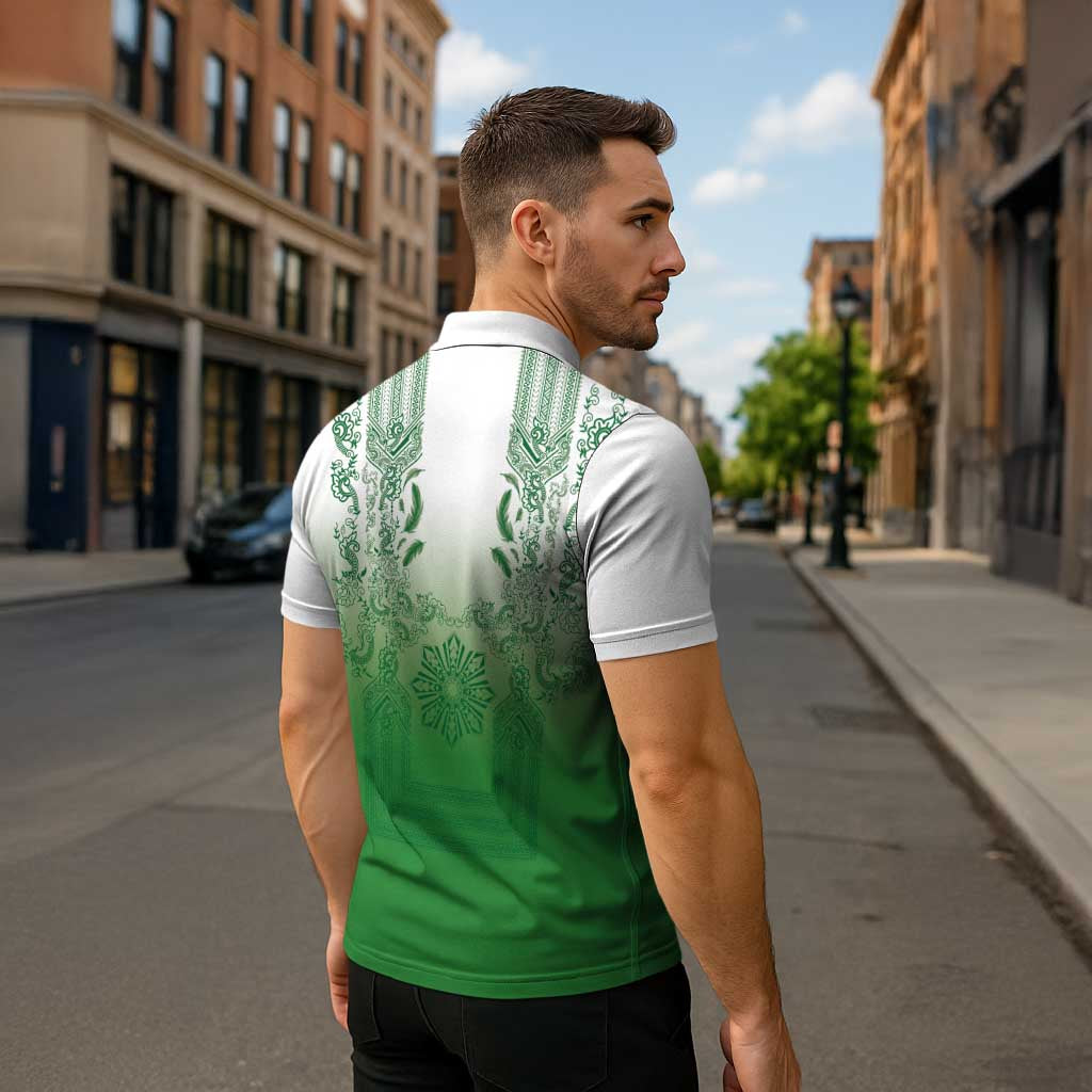 Philippines Barong Style Zipper Polo Shirt with Polynesian Art and Leaf Motif Green Color LT03 - Polynesian Pride