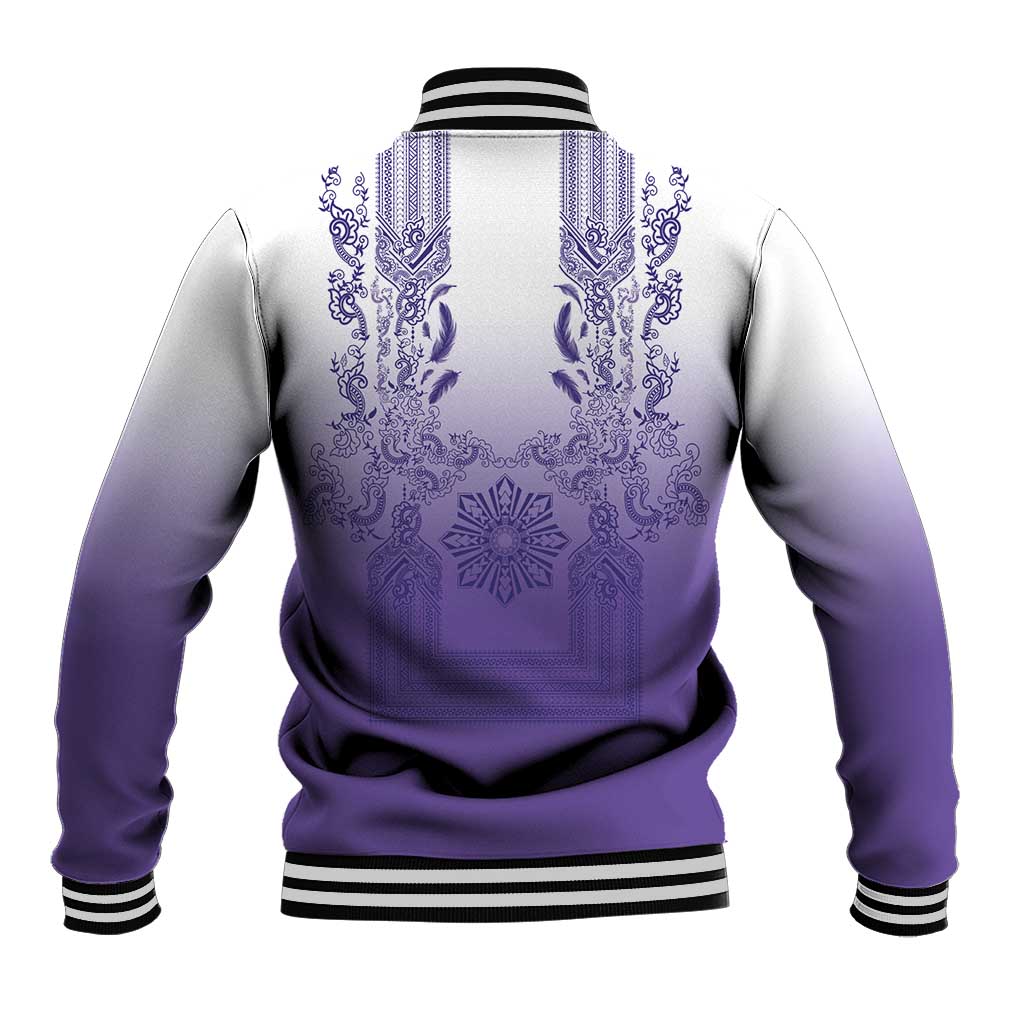 Philippines Barong Style Baseball Jacket with Polynesian Art and Leaf Motif Purple Color