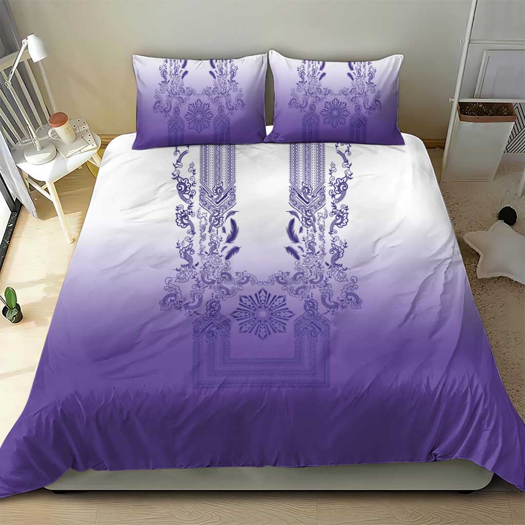 Philippines Barong Style Bedding Set with Polynesian Art and Leaf Motif Purple Color
