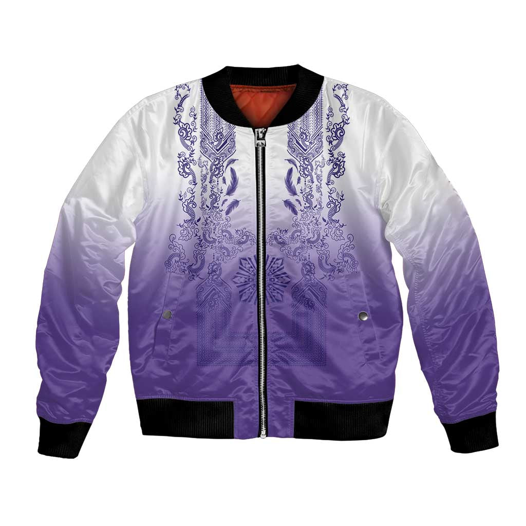 Philippines Barong Style Bomber Jacket with Polynesian Art and Leaf Motif Purple Color