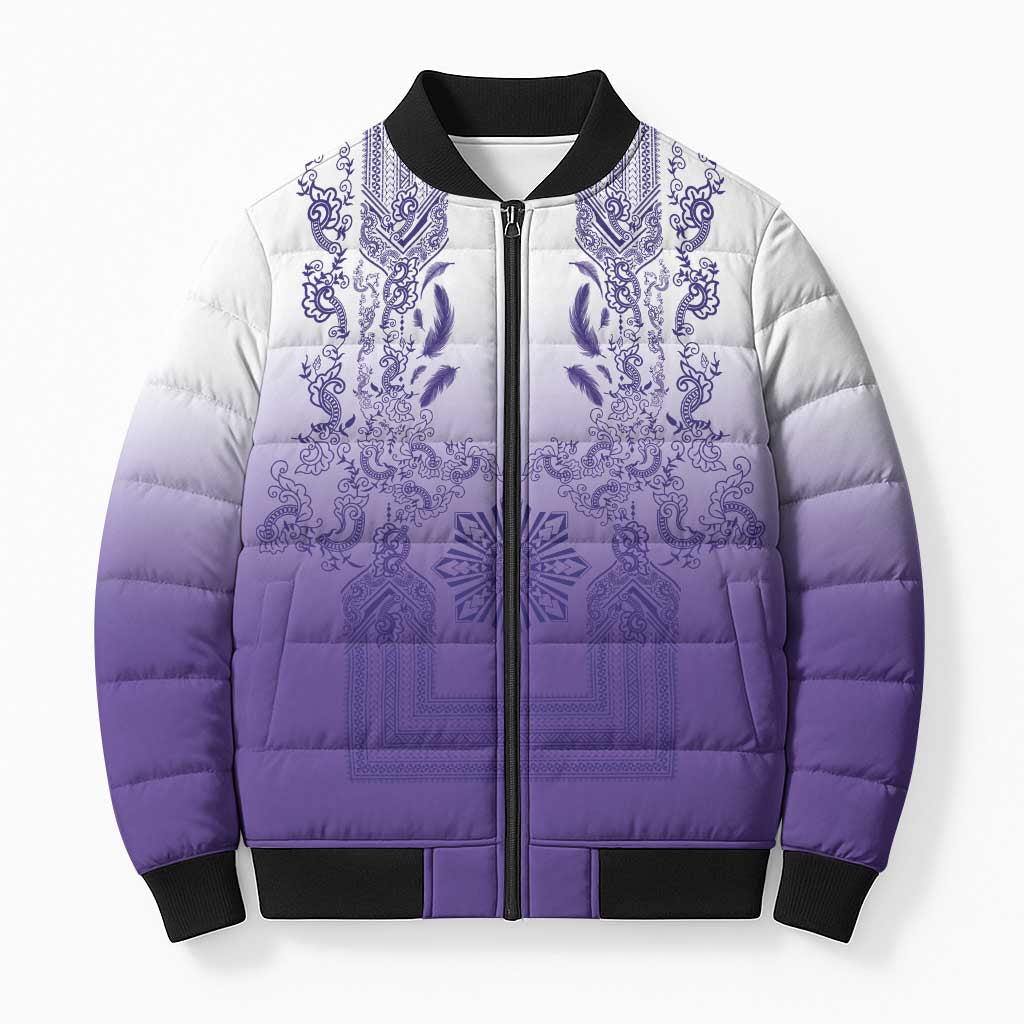 Philippines Barong Style Bomber Puffer Jacket with Polynesian Art and Leaf Motif Purple Color