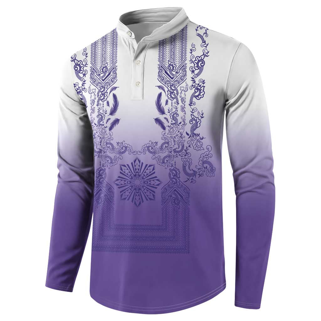 Philippines Barong Style Button Sweatshirt with Polynesian Art and Leaf Motif Purple Color