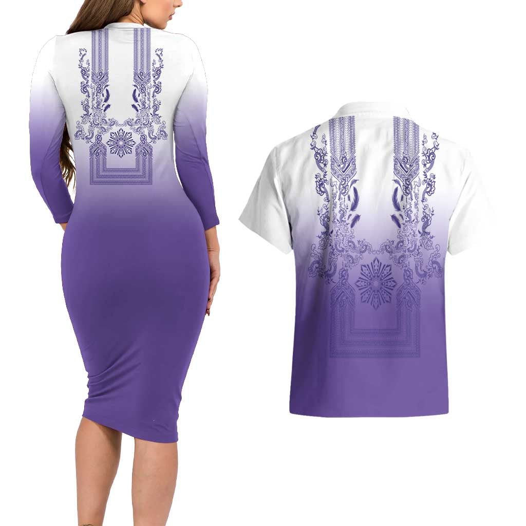 Philippines Barong Style Couples Matching Long Sleeve Bodycon Dress and Hawaiian Shirt with Polynesian Art and Leaf Motif Purple Color LT03 - Polynesian Pride