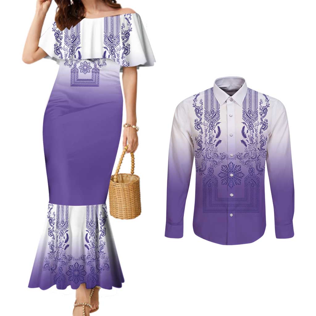 Philippines Barong Style Couples Matching Mermaid Dress and Long Sleeve Button Shirt with Polynesian Art and Leaf Motif Purple Color LT03 Purple - Polynesian Pride