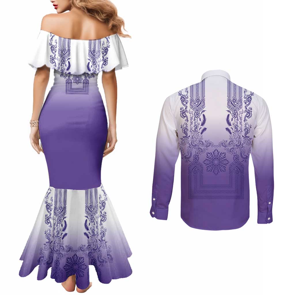 Philippines Barong Style Couples Matching Mermaid Dress and Long Sleeve Button Shirt with Polynesian Art and Leaf Motif Purple Color LT03 - Polynesian Pride