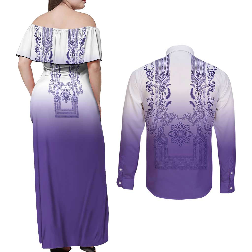 Philippines Barong Style Couples Matching Off Shoulder Maxi Dress and Long Sleeve Button Shirt with Polynesian Art and Leaf Motif Purple Color LT03 - Polynesian Pride
