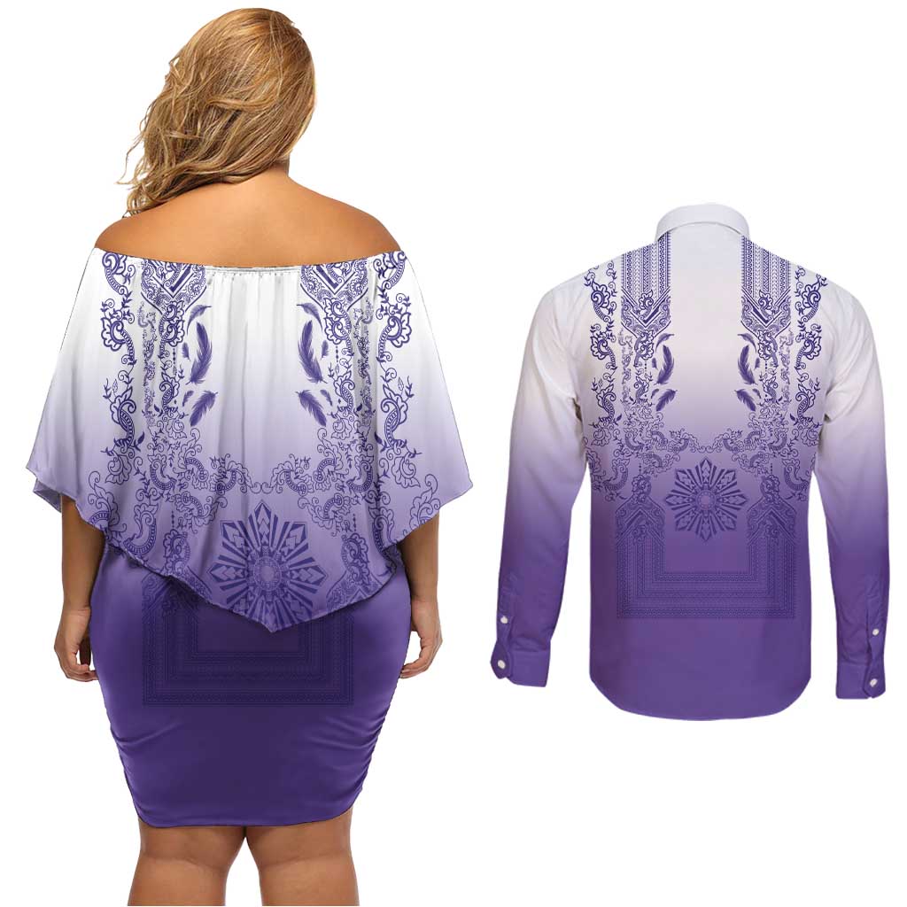 Philippines Barong Style Couples Matching Off Shoulder Short Dress and Long Sleeve Button Shirt with Polynesian Art and Leaf Motif Purple Color LT03 - Polynesian Pride