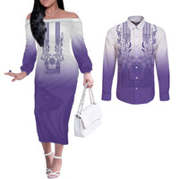 Philippines Barong Style Couples Matching Off The Shoulder Long Sleeve Dress and Long Sleeve Button Shirt with Polynesian Art and Leaf Motif Purple Color LT03 Purple - Polynesian Pride