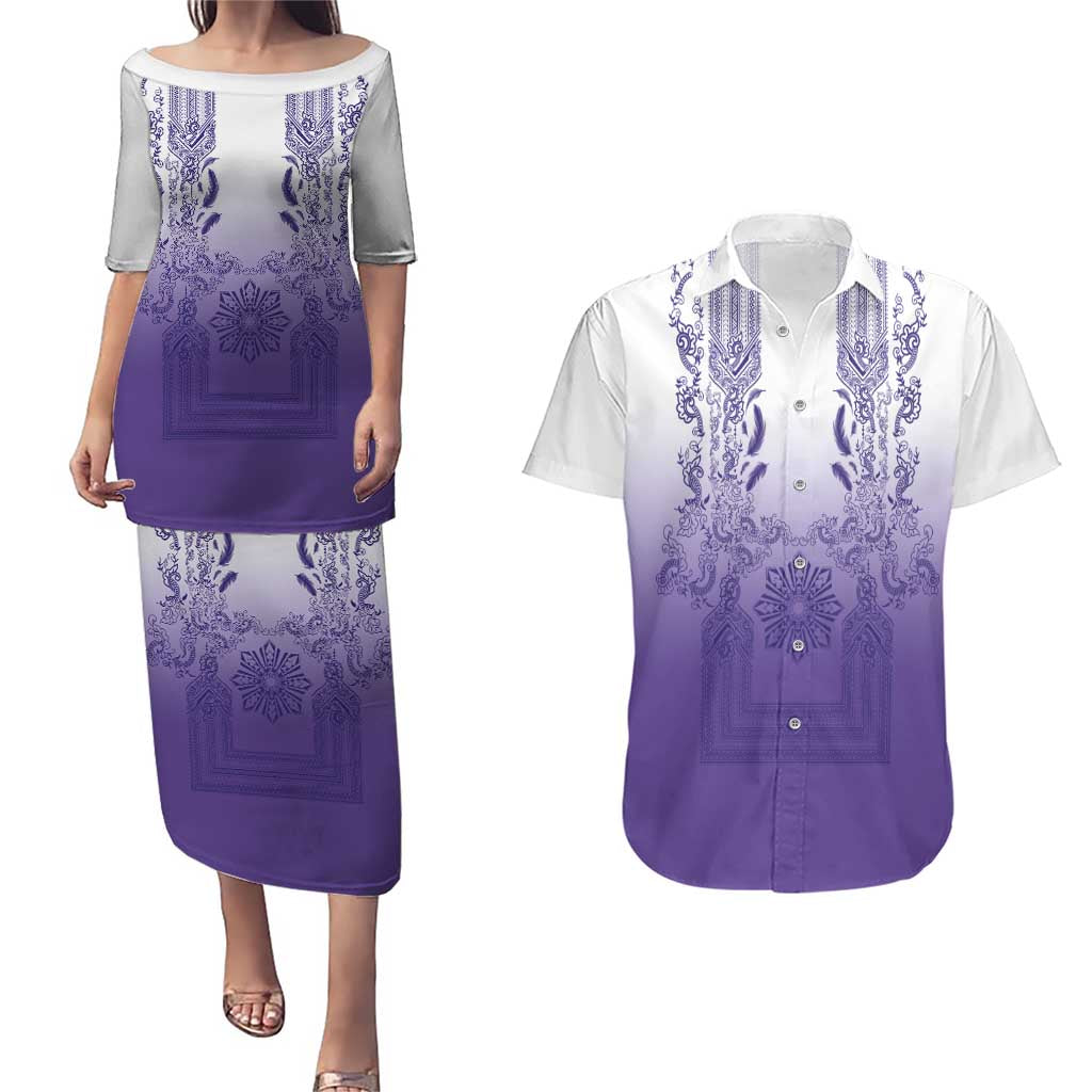 Philippines Barong Style Couples Matching Puletasi and Hawaiian Shirt with Polynesian Art and Leaf Motif Purple Color LT03 Purple - Polynesian Pride