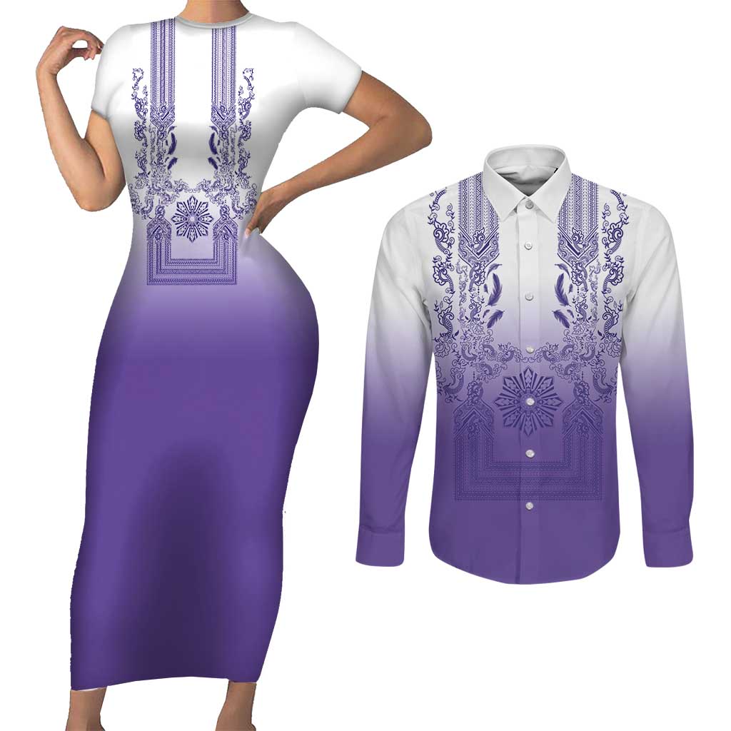 Philippines Barong Style Couples Matching Short Sleeve Bodycon Dress and Long Sleeve Button Shirt with Polynesian Art and Leaf Motif Purple Color