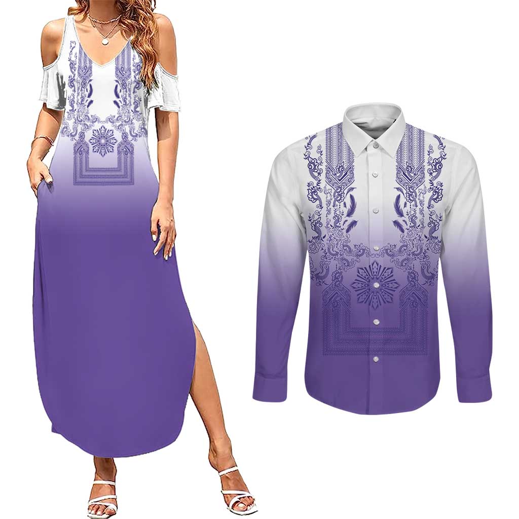 Philippines Barong Style Couples Matching Summer Maxi Dress and Long Sleeve Button Shirt with Polynesian Art and Leaf Motif Purple Color