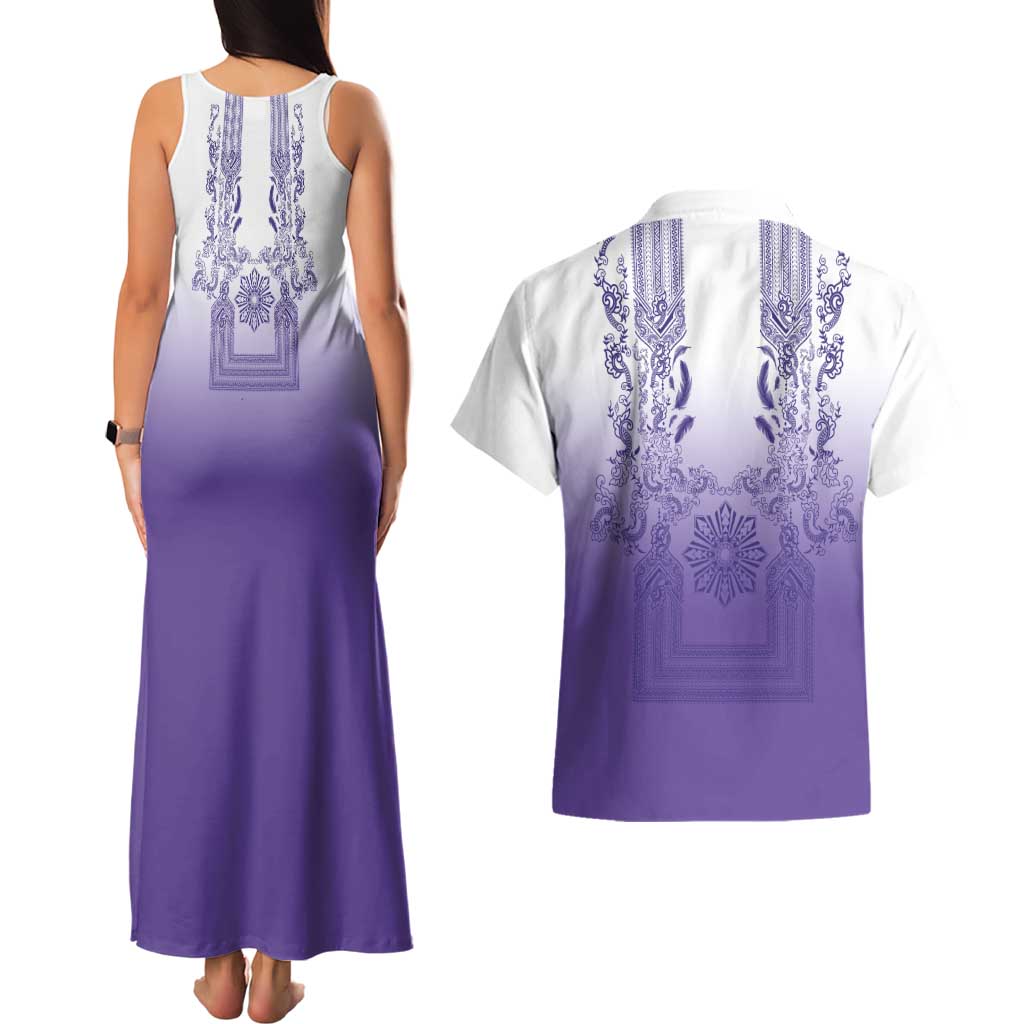 Philippines Barong Style Couples Matching Tank Maxi Dress and Hawaiian Shirt with Polynesian Art and Leaf Motif Purple Color LT03 - Polynesian Pride