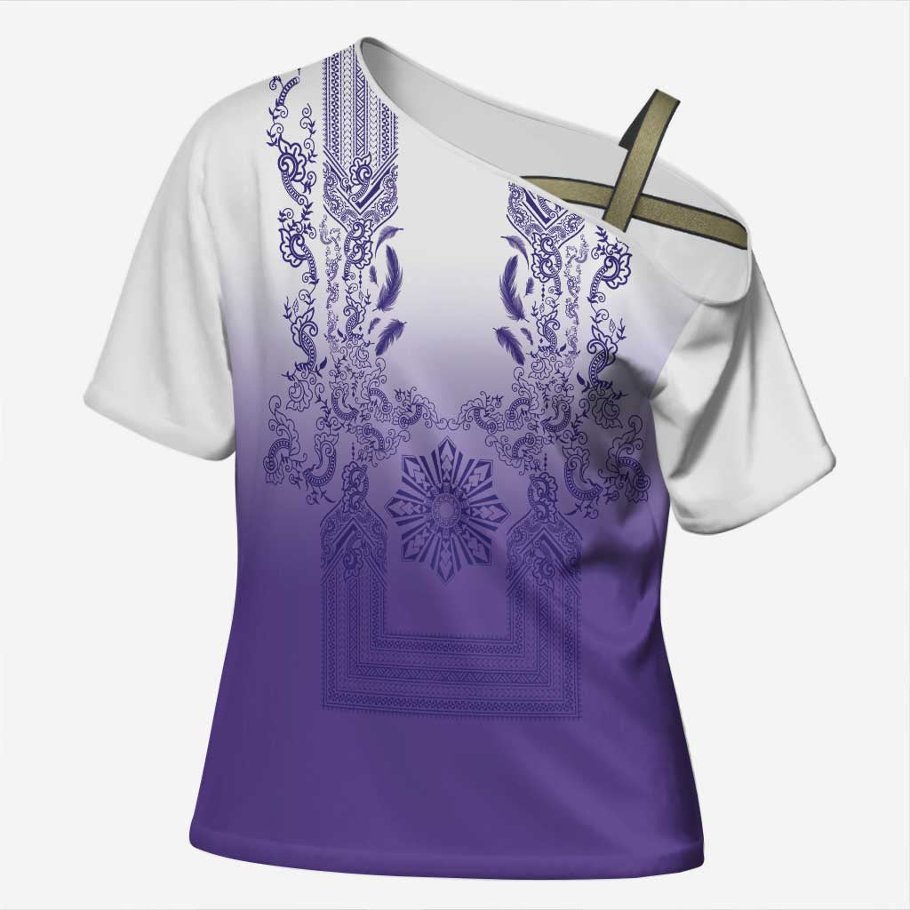 Philippines Barong Style Cross Shoulder Shirt with Polynesian Art and Leaf Motif Purple Color