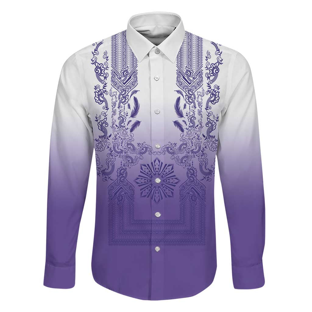 Philippines Barong Style Family Matching Long Sleeve Bodycon Dress and Hawaiian Shirt with Polynesian Art and Leaf Motif Purple Color LT03 Dad's Shirt - Long Sleeve Purple - Polynesian Pride