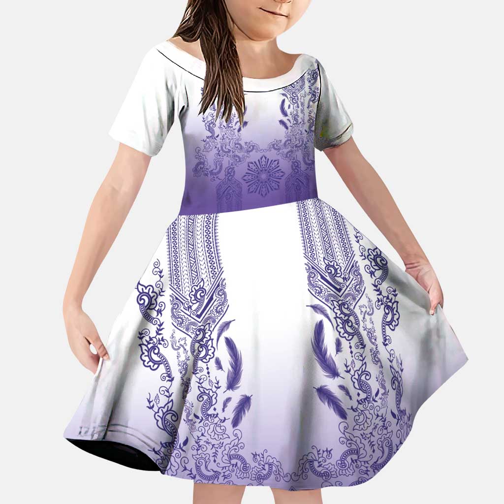 Philippines Barong Style Family Matching Mermaid Dress and Hawaiian Shirt with Polynesian Art and Leaf Motif Purple Color LT03 Daughter's Dress Purple - Polynesian Pride
