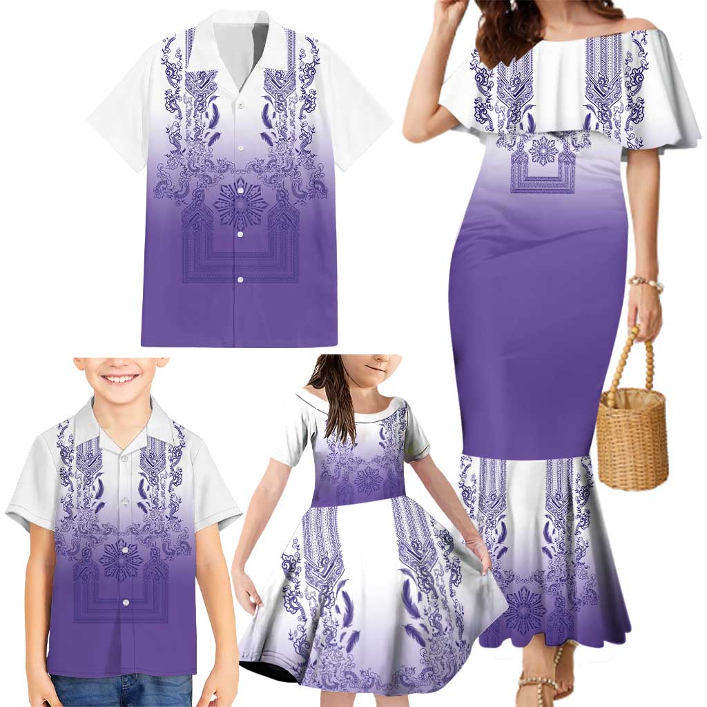 Philippines Barong Style Family Matching Mermaid Dress and Hawaiian Shirt with Polynesian Art and Leaf Motif Purple Color LT03 - Polynesian Pride