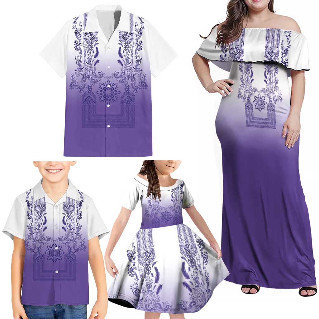 Philippines Barong Style Family Matching Off Shoulder Maxi Dress and Hawaiian Shirt with Polynesian Art and Leaf Motif Purple Color LT03 - Polynesian Pride