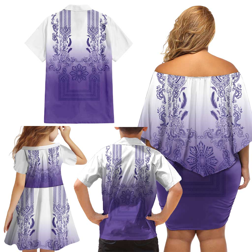 Philippines Barong Style Family Matching Off Shoulder Short Dress and Hawaiian Shirt with Polynesian Art and Leaf Motif Purple Color LT03 - Polynesian Pride