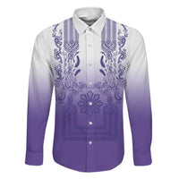 Philippines Barong Style Family Matching Off Shoulder Short Dress and Hawaiian Shirt with Polynesian Art and Leaf Motif Purple Color LT03 Dad's Shirt - Long Sleeve Purple - Polynesian Pride