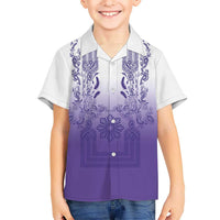 Philippines Barong Style Family Matching Off Shoulder Short Dress and Hawaiian Shirt with Polynesian Art and Leaf Motif Purple Color LT03 Son's Shirt Purple - Polynesian Pride