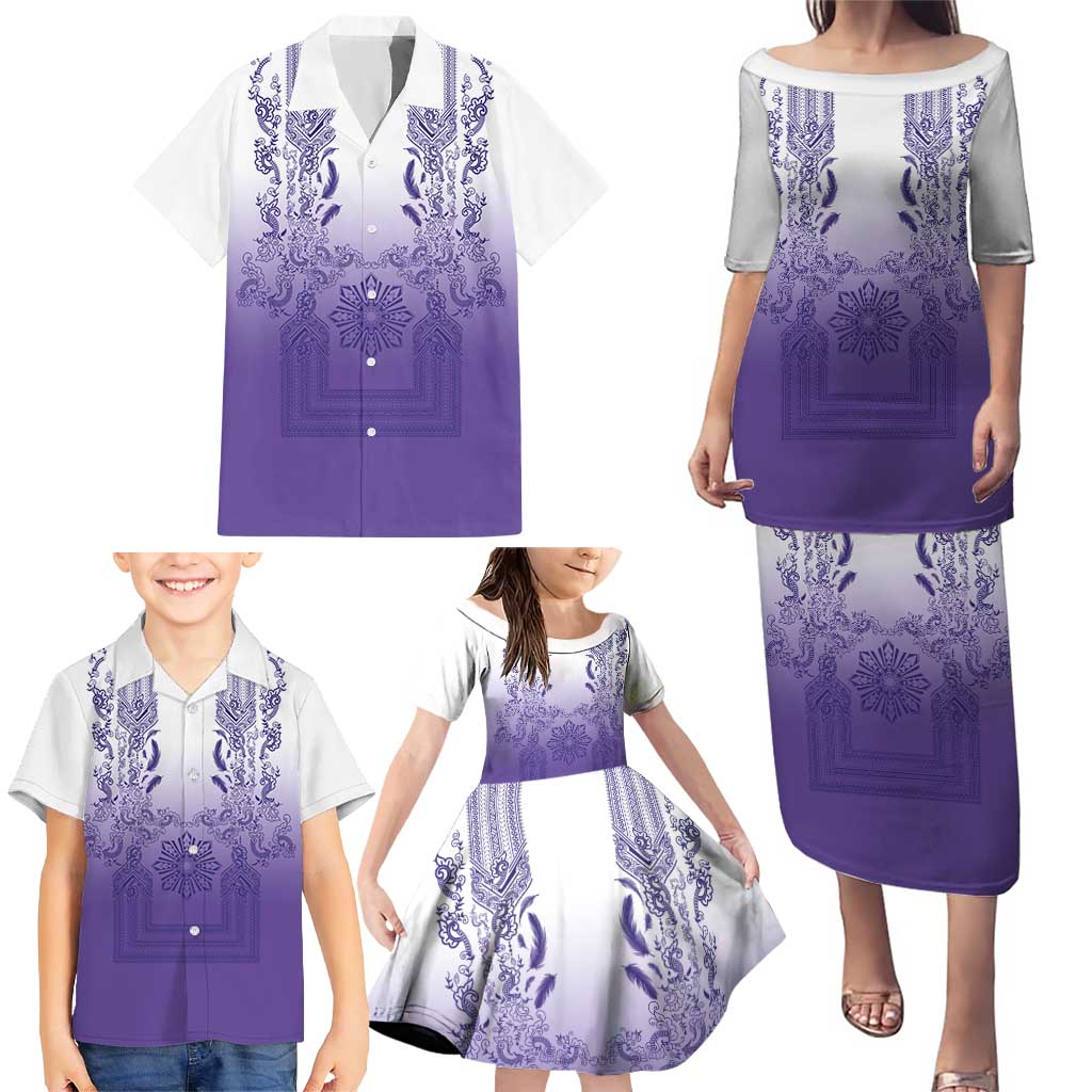 Philippines Barong Style Family Matching Puletasi and Hawaiian Shirt with Polynesian Art and Leaf Motif Purple Color LT03 - Polynesian Pride