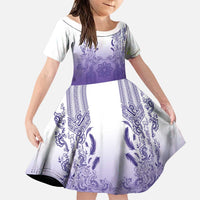 Philippines Barong Style Family Matching Summer Maxi Dress and Hawaiian Shirt with Polynesian Art and Leaf Motif Purple Color LT03 Daughter's Dress Purple - Polynesian Pride