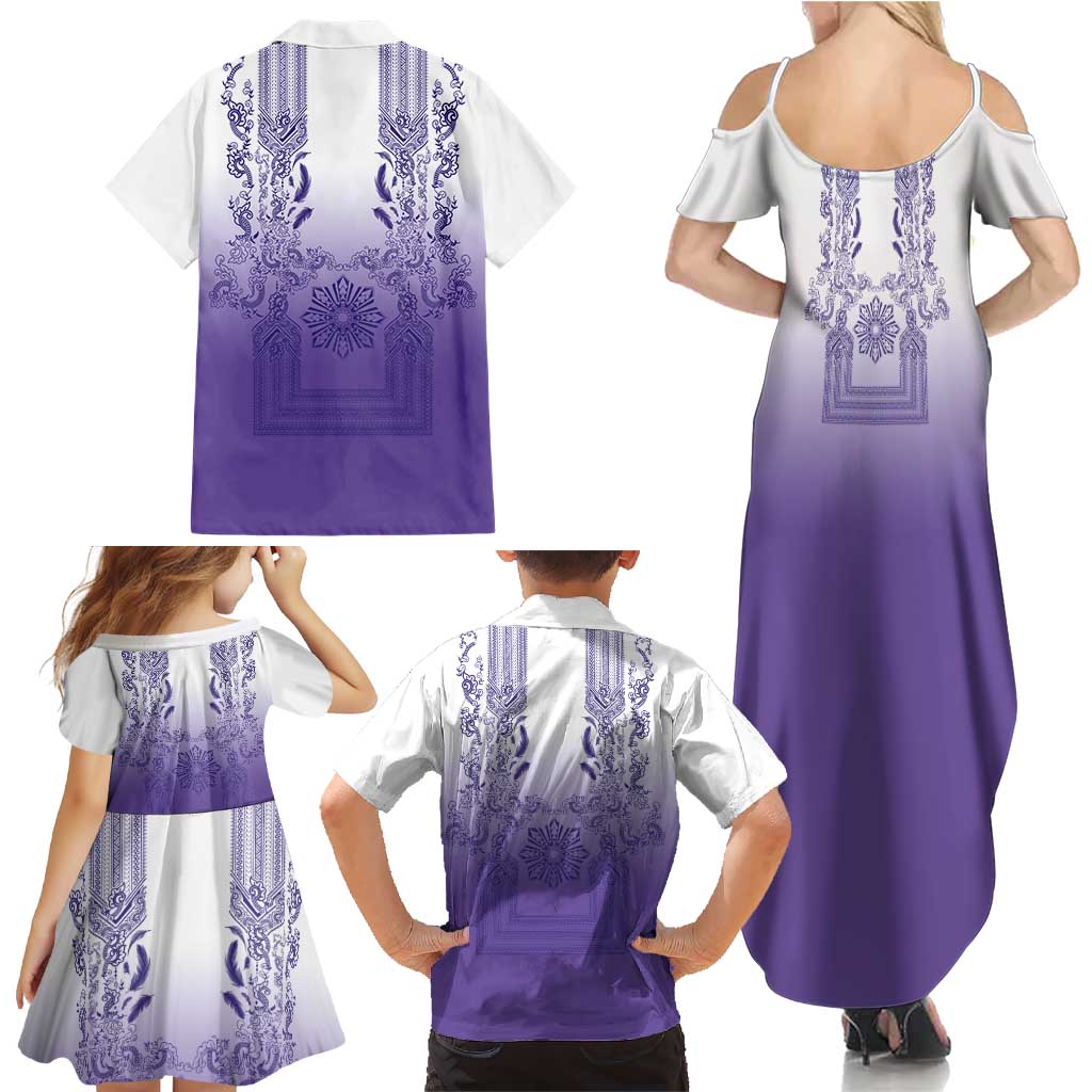 Philippines Barong Style Family Matching Summer Maxi Dress and Hawaiian Shirt with Polynesian Art and Leaf Motif Purple Color LT03 - Polynesian Pride