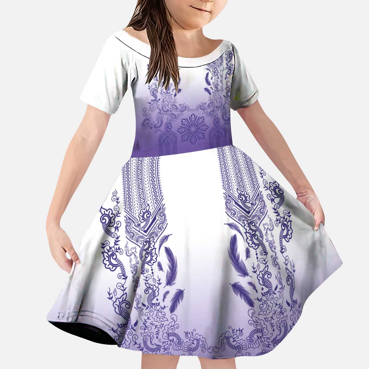 Philippines Barong Style Kid Short Sleeve Dress with Polynesian Art and Leaf Motif Purple Color