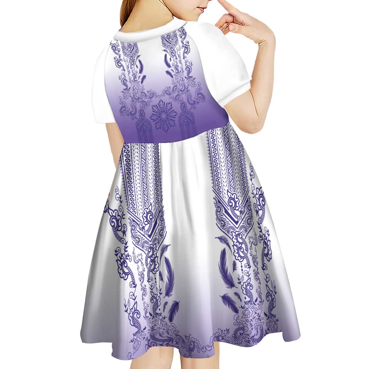 Philippines Barong Style Kid Short Sleeve Dress with Polynesian Art and Leaf Motif Purple Color LT03 - Polynesian Pride