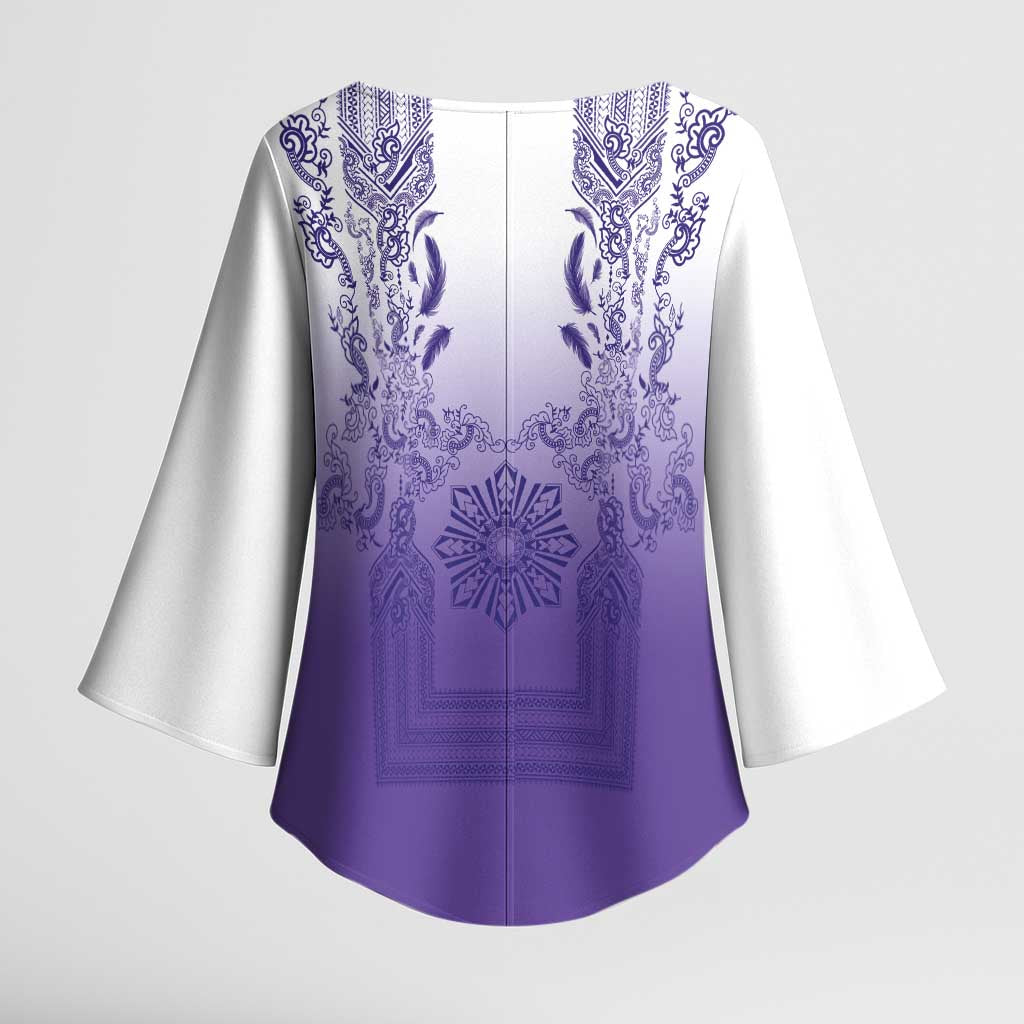 Philippines Barong Style Kimono Sleeve Blouse with Polynesian Art and Leaf Motif Purple Color